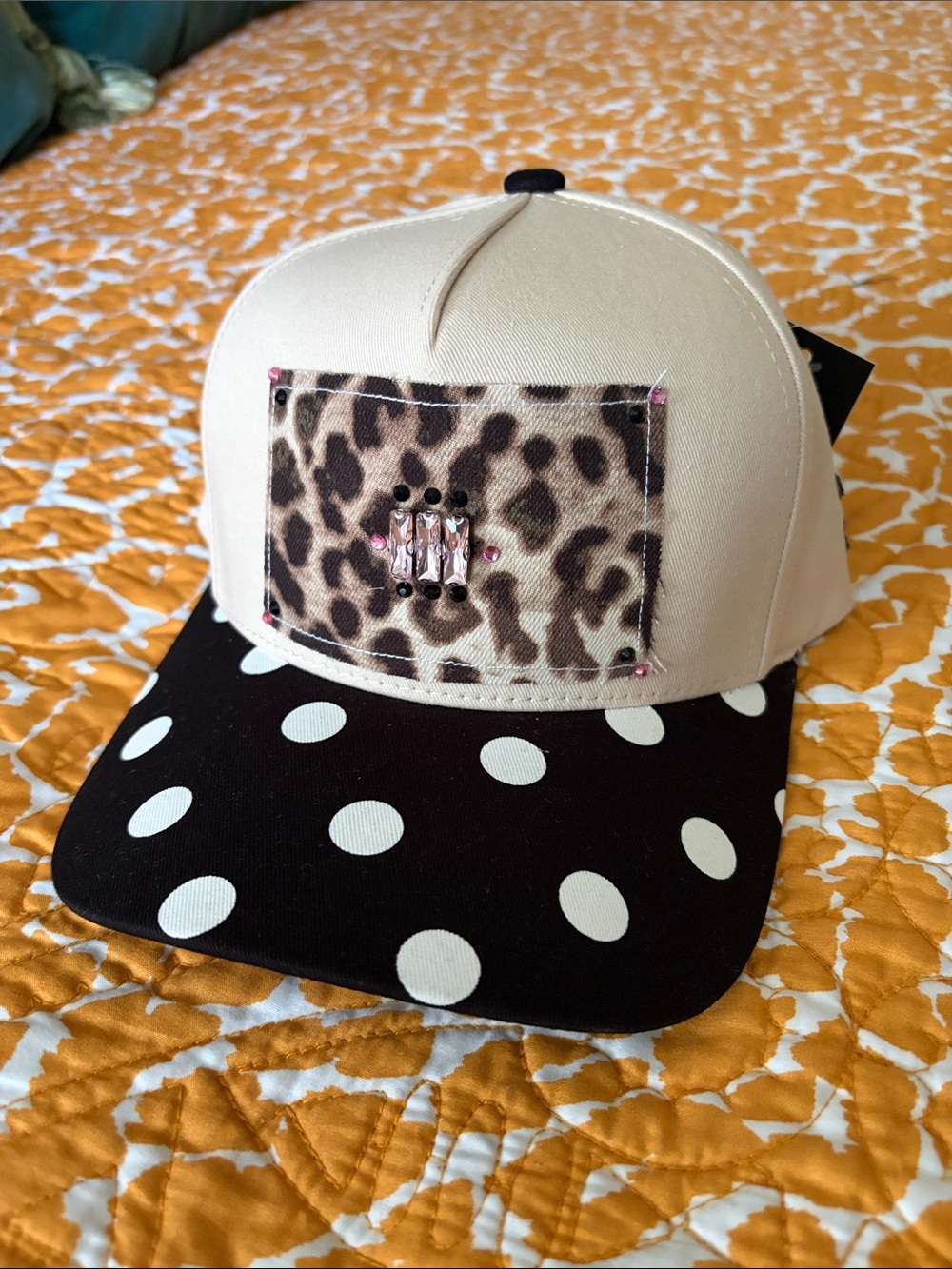 C.C. Beige and Black Polka Dot Cap with Leopard Patch